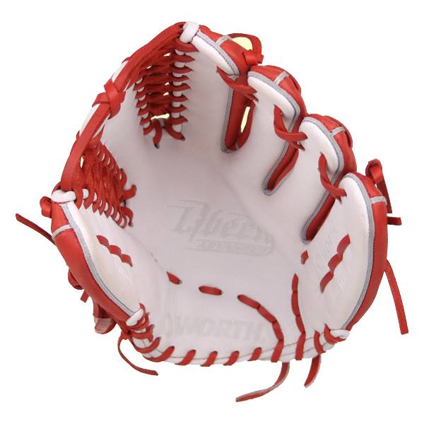 Top-down view of a scarlet and white baseball glove with red lacing and WORTH text.
