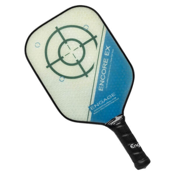 Top-down view of a white and blue pickleball paddle with a target design and Engage branding.