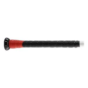 Side view of a black baseball bat with a red and black grip and a white end cap.