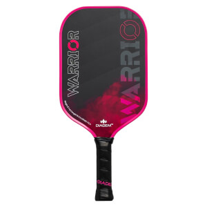 Front view of a black pickleball paddle with pink WARRIOR text and a pink edge.