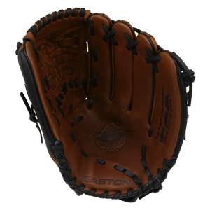 Top-down view of a brown and black baseball glove with black lacing and embossed Easton branding.