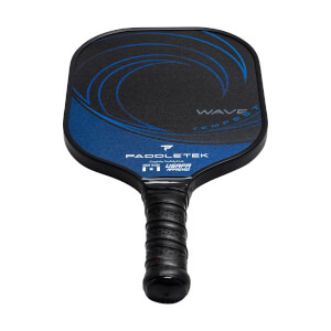 Top-down view of a black pickleball paddle with blue wave design, Paddletek branding, and USAPA approved logo.