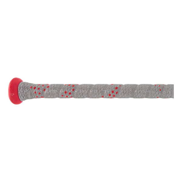 Side view of a red and gray baseball bat with a textured grip and red circular accents.