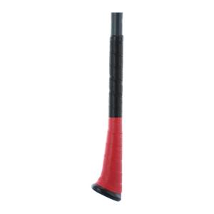 Close-up of a black and red baseball bat grip with a flared end.