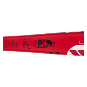 Close-up of a red softball bat with black USSSA and NSA 2012 certification stamps.