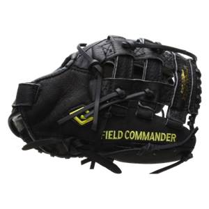 Side view of a black baseball glove with yellow FIELD COMMANDER text and a yellow logo.