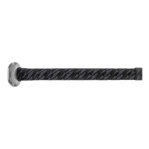 Side view of a gray Louisville Slugger baseball bat with a black patterned grip.