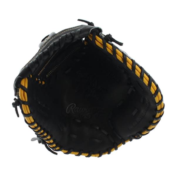 Top-down view of a black first base mitt with yellow lacing and Rawlings branding.