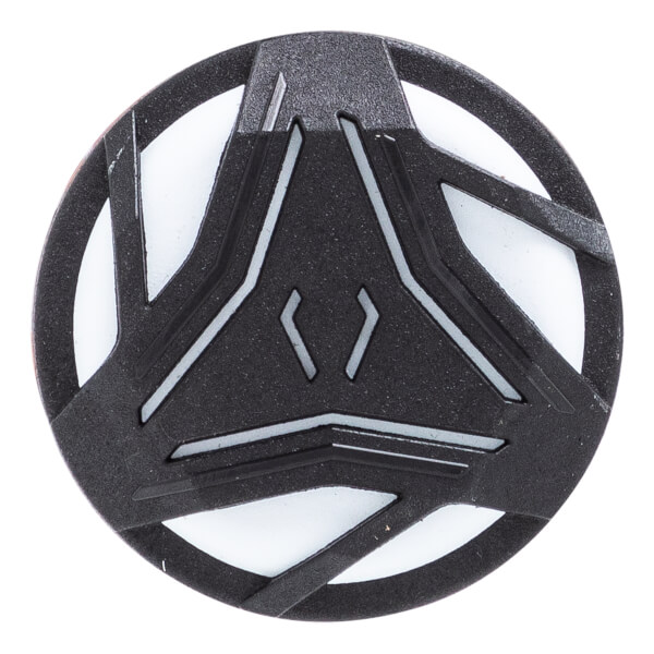Top-down close-up of a black bat end cap with a raised geometric design, white recessed areas, and chevron shapes.