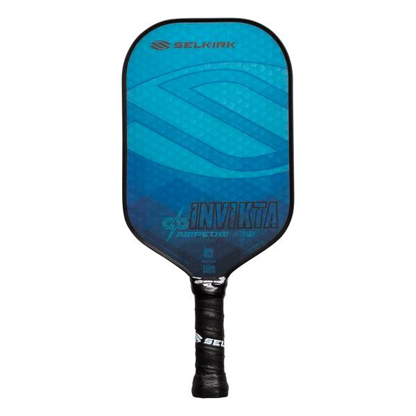 Front view of a blue pickleball paddle with INV IKTA and AMPED PRO text.