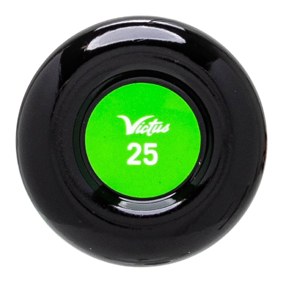 Top-down view of a black baseball bat with a green cap featuring Victus and 25.