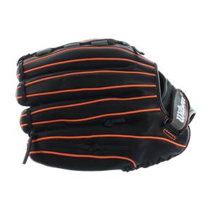 Front view of a black fastpitch glove with orange lacing and a Wilson logo.