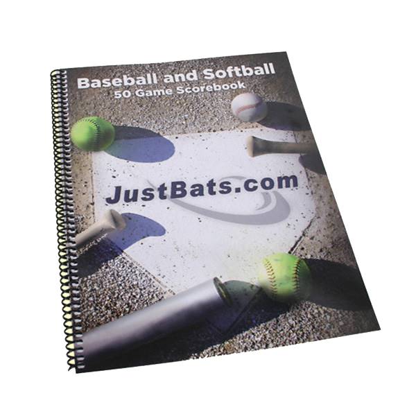 Front view of a spiral-bound scorebook with Baseball and Softball 50 Game Scorebook and JustBats.com text, baseballs, and bats.