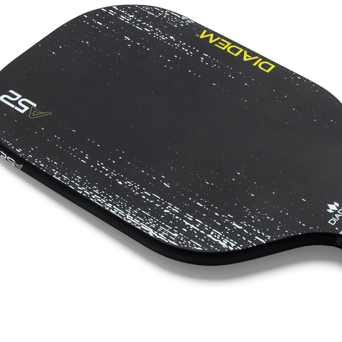 Top-down view of a black pickleball paddle with white speckle pattern and yellow DIADEM branding.