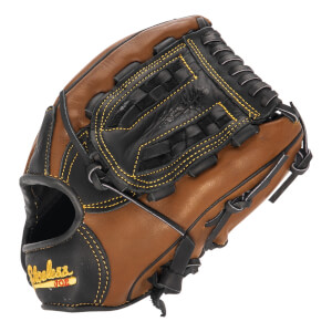 Side view of a brown and black baseball glove with yellow stitching and Shoeless Joe logo.