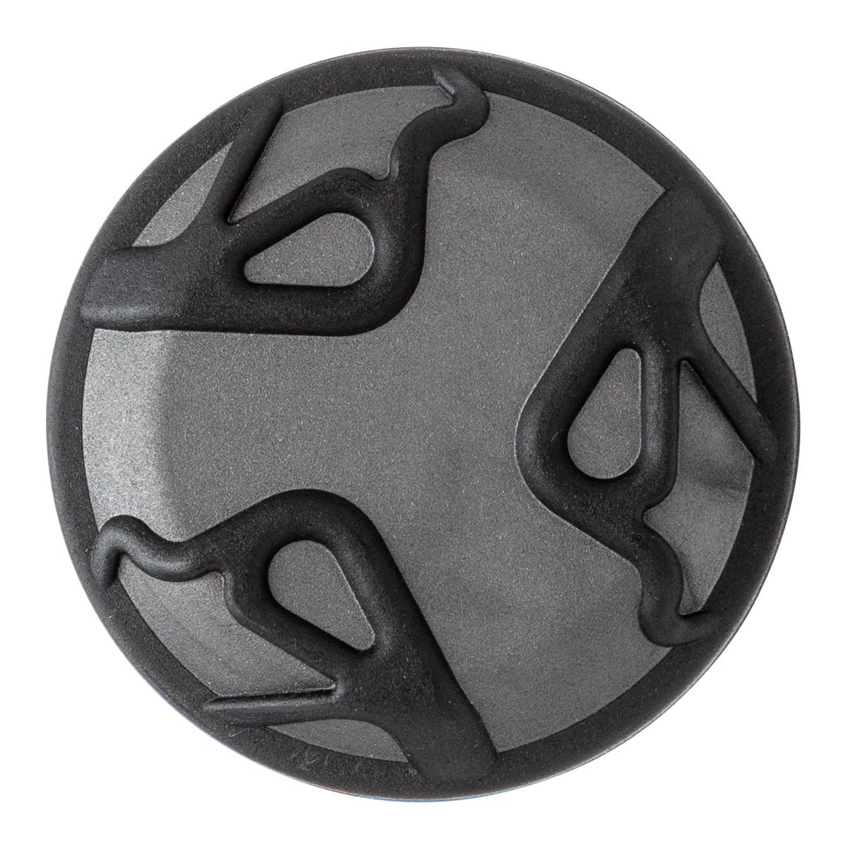 Top-down view of a circular gray bat end cap featuring three raised black flame-like designs arranged symmetrically around the center.
