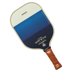 Top-down view of a cream and blue pickleball paddle with WARSTIC PICKLEBALL text and a brown grip.