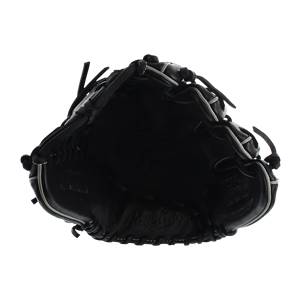 Top-down view of a black baseball glove with white lacing and embossed Rawlings logo.