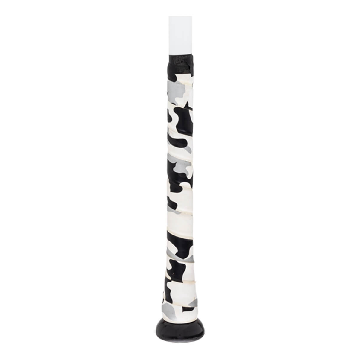 Close-up of a black baseball bat handle with a white, black, and gray camouflage grip.