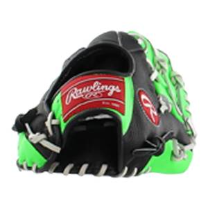 Front view of a black baseball glove with neon green accents and a red Rawlings logo patch.