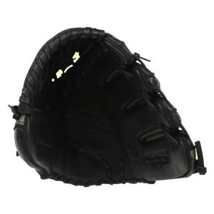 Top-down view of a black fastpitch glove with a deep pocket and reinforced finger stalls.