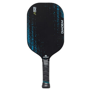 Front view of a black pickleball paddle with A52 and DIADEM branding, and blue speckled accents.