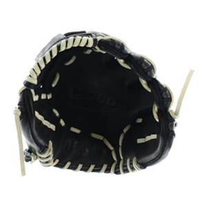 Top-down view of a black baseball glove with white lacing and A2000 embossed on the palm.
