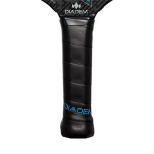 Close-up of a black pickleball paddle grip with blue DIADEM text and a textured surface.