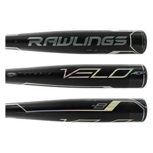 Side view of a black baseball bat with Rawlings, VELO ACP, and -8 USSSA branding.