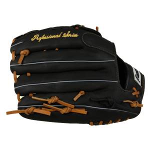 Side view of a black baseball glove with Professional Series in gold script and tan lacing.