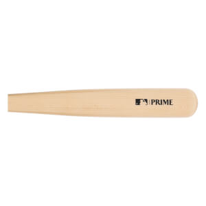 Mid-section view of a natural wood baseball bat with visible grain, a black MLB logo, and PRIME printed on the barrel.