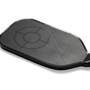 Top-down view of a black pickleball paddle with a target design and PURSUIT LX 6.0 text.