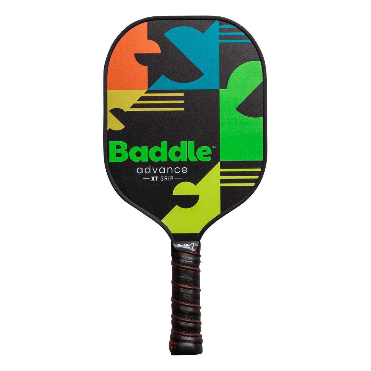 Front view of a black pickleball paddle with colorful geometric accents and Baddle advance -XT GRIP- text.