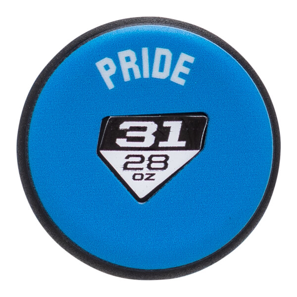 Top-down view of a blue baseball bat end cap with PRIDE and 31 28 OZ text.