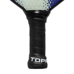 Close-up of a black pickleball paddle grip with white TOPP branding.