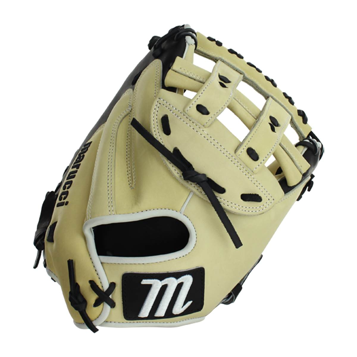 Top-down view of a tan catchers mitt with black lacing and an m logo.