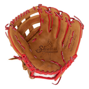 Top-down view of a brown baseball glove with red lacing, a Shoeless Joe logo, and Antique Tobacco Leather text.