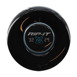 End view of a black baseball bat with RIP-IT branding, 32, and 29.
