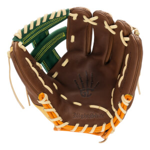 Top-down view of a brown baseball glove with green webbing, orange accents, and NightShift text.