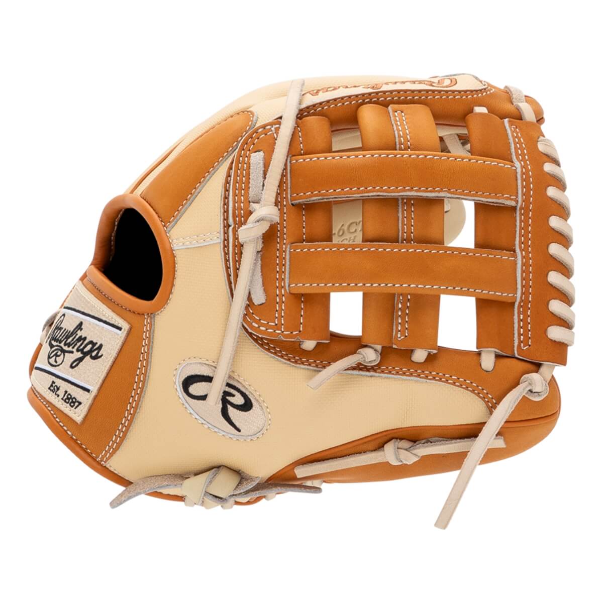 Front view of a tan and cream baseball glove with tan lacing and a webbed pocket.