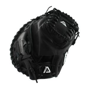 Side view of a black catchers mitt with white A logos and detailed lacing.