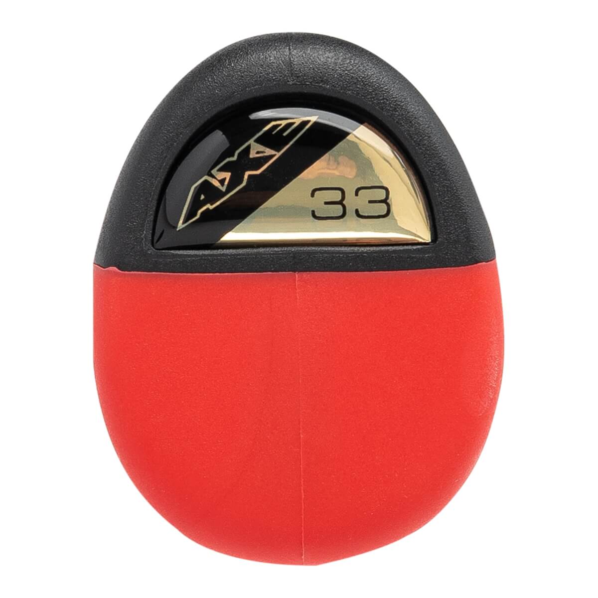 End view of a black and red baseball bat with Axe branding and 33 size indicator.