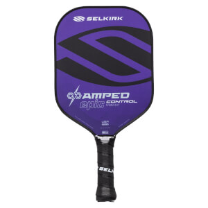 Front view of a purple pickleball paddle featuring a large black stylized "S" logo and the text "SELKIRK AMPED epic CONTROL" with a black grip handle.