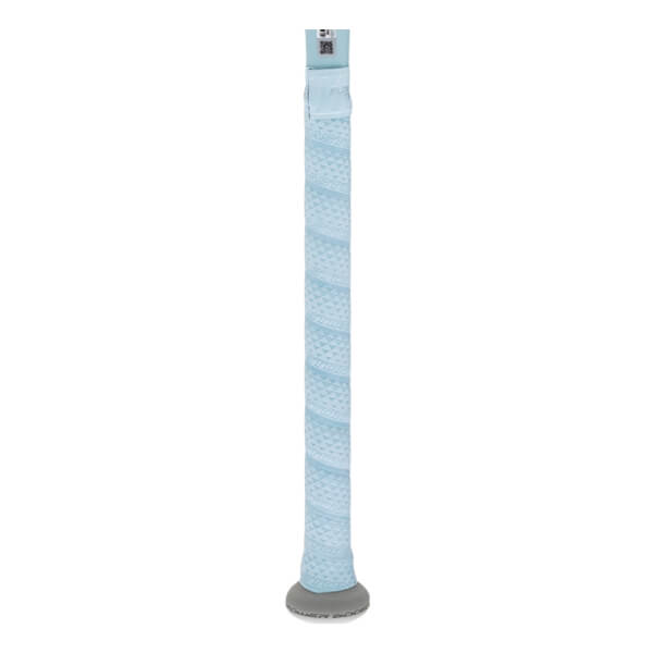 Close-up of a light blue fastpitch softball bat handle with textured grip tape and a grey knob with EASTON visible.