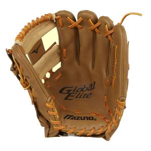 Front view of a brown baseball glove with Global Elite and Mizuno branding.