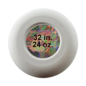 End cap view of a white baseball bat with 32 in. 24 oz. text.