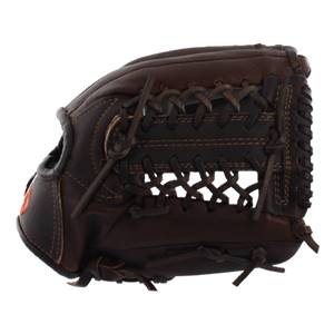 Side view of a brown baseball glove with intricate lacing and an orange logo detail.