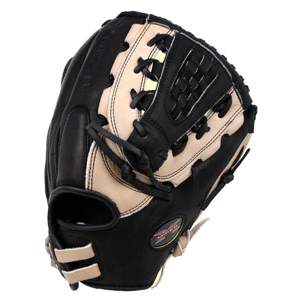 Front view of a black and tan fastpitch glove with Miken branding and a woven pocket.