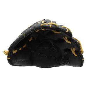 Side view of a black baseball glove with gold lacing and a textured palm.