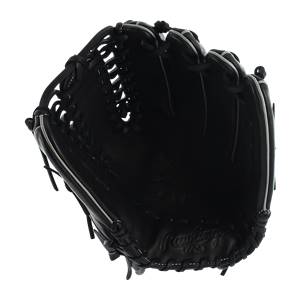 Top-down view of a black Rawlings baseball glove with white stitching and embossed logo.